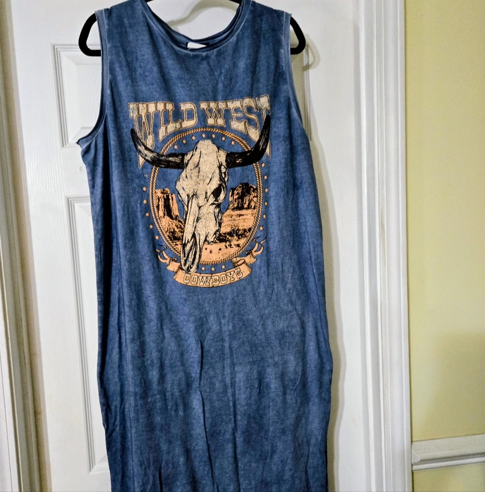 Zutter 'Wild West' Vintage Maxi Dress Blue Retro 70's Womens Graphic Size L